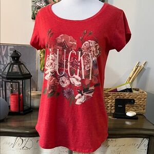 LUCKY BRAND CAP SLEEVE FLORAL LOGO GRAPHICS T-SHIRT RED MULTI SIZE SMALL